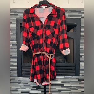 Passport Red & Black plaid print knee-length dress with belt- Size: 3XL / XXXL